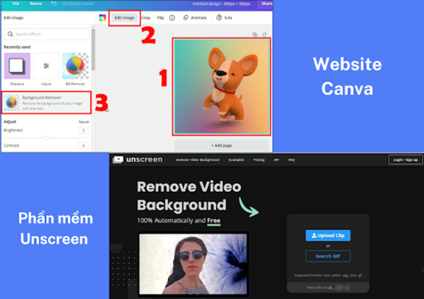 Giao diện website Canva và phần mềm Unscreen