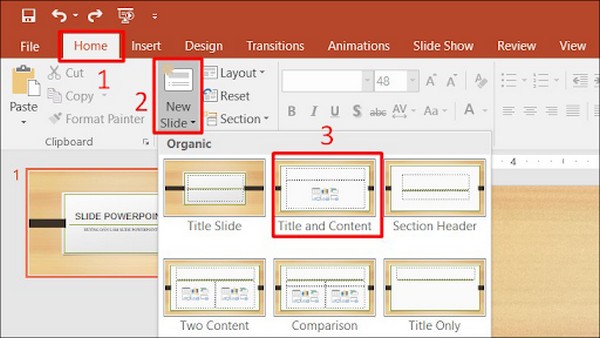 Các thao tác thực hiện để thêm một slide mới 