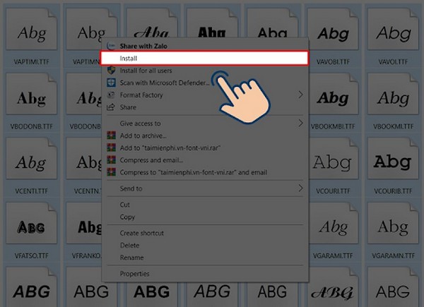 Chọn file font chữ cần tải về, nhấn chuột phải và chọn Install
