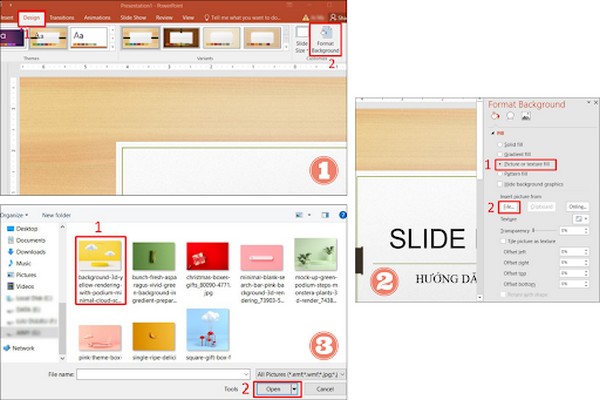 Quy trình 3 bước nhằm dùng hình ảnh thực hiện hình nền mang lại slide