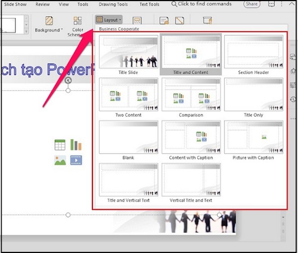 Sử dụng các layout có sẵn trong PowerPoint để thuận tiện hơn trong việc sắp xếp bố cục nội dung slide