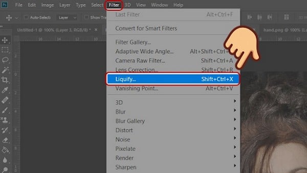 Bước 4: Vào menu Filter và chọn Liquify (tổ hợp phím tắt Shift + Ctrl + X).