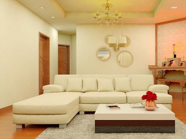Bộ ghế sofa màu kem hài hòa với màu sơn tường tạo không gian tinh tế, thanh lịch, sang trọng