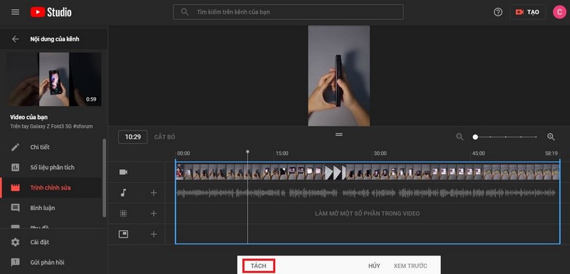 Bạn click chuột để cố định điểm bắt đầu cắt video, sau đó chọn Tách