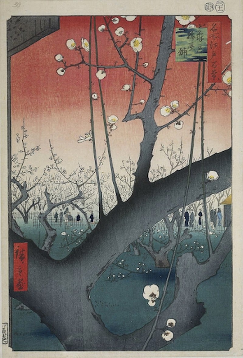 Tác phẩm in khắc gỗ “Plum Garden at Kameido” – Hiroshige, 1857, 1857. (Ảnh: Wikipedia )
