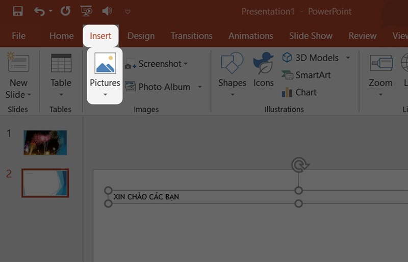Chèn hình ảnh vào slide bằng cách chọn vị trí trên slide và nhấp vào tab Insert và chọn Pictures