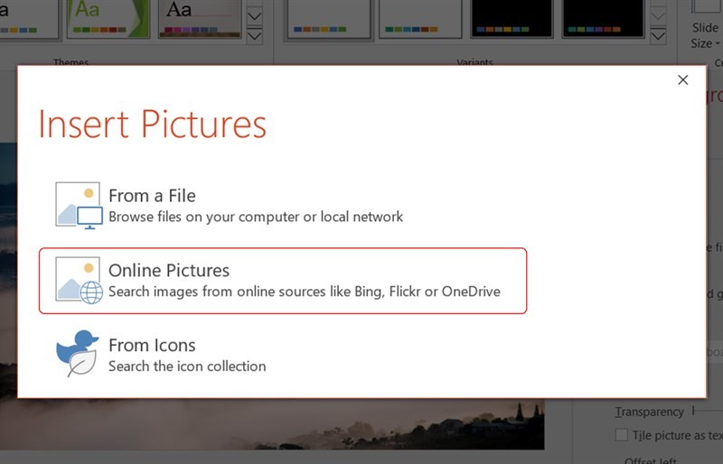 Chọn Online Pictures để truy cập vào thư viện ảnh trực tuyến và chèn ảnh vào slide.