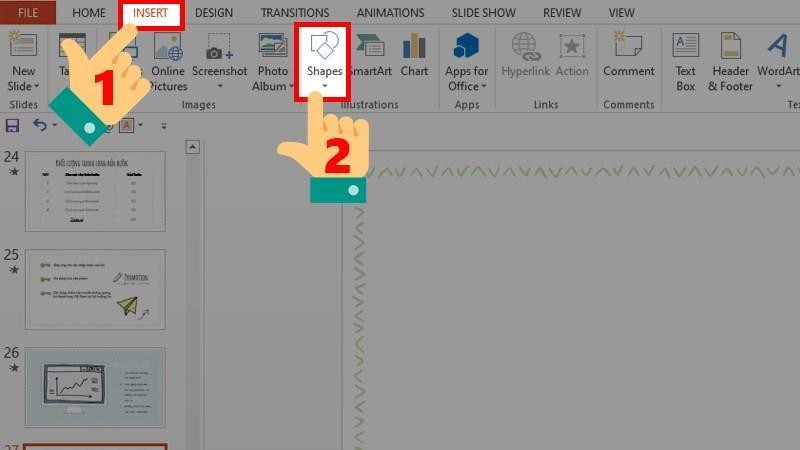 Đầu tiên bạn cần phải mở phần mềm Powerpoint, sau đó ấn chọn Insert và chọn tiếp Shapes.