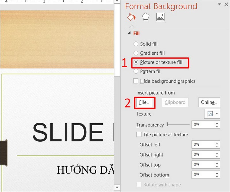 Tick chuột vào ô “Picture or texture fill” > Di chuột đến mục “Insert picture from” > Chọn “File”. 