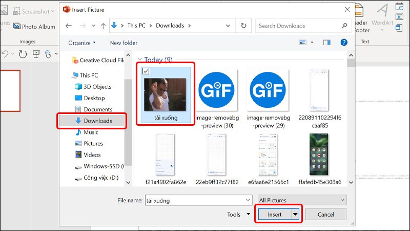 Nhấn nút Insert sau khi tìm và chọn file ảnh GIF mà bạn muốn chèn từ cửa sổ mới