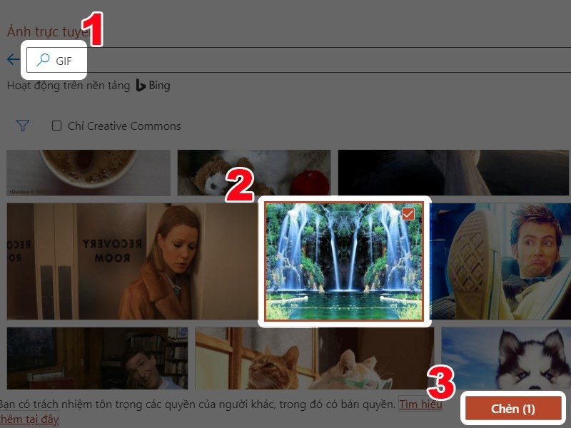 Nhấp vào Chèn sau khi tìm kiếm và chọn ảnh GIF mà bạn muốn thêm vào slide 