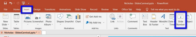 Tab Insert chọn Slide Number