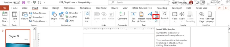 Tab Insert chọn Text, chọn Slide Number