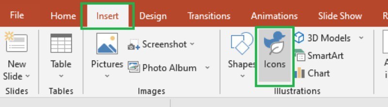 Tại tab Insert chọn Icons