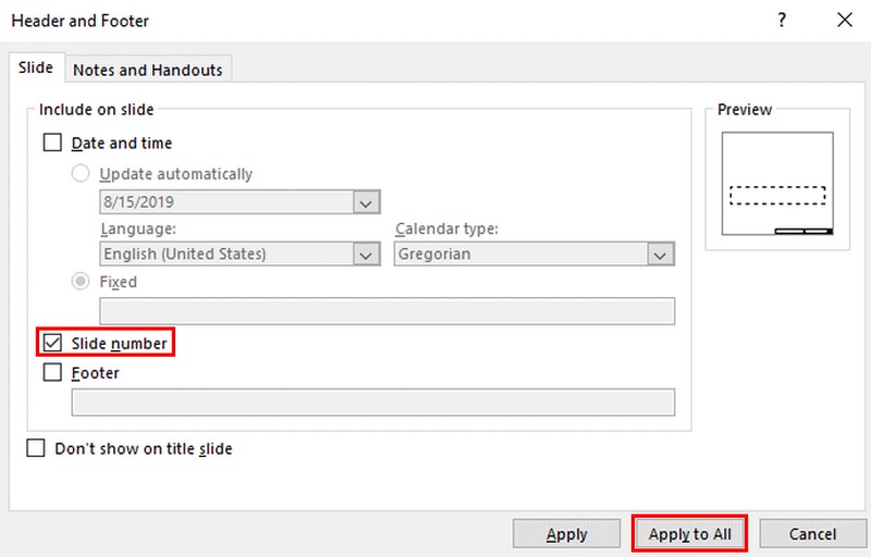 Tích chọn Slide number và chọn Apply to All