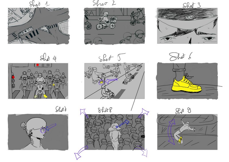 Một trang storyboard kể câu chuyện về giày Biti’s Hunter do sinh viên FPT Arena Đà Nẵng thực hiện.